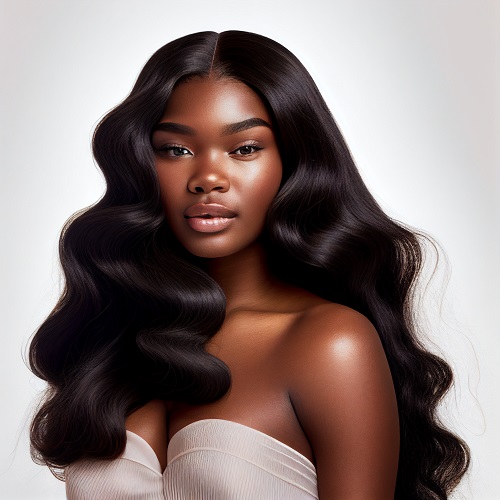 Model with long wavy black hair bundles