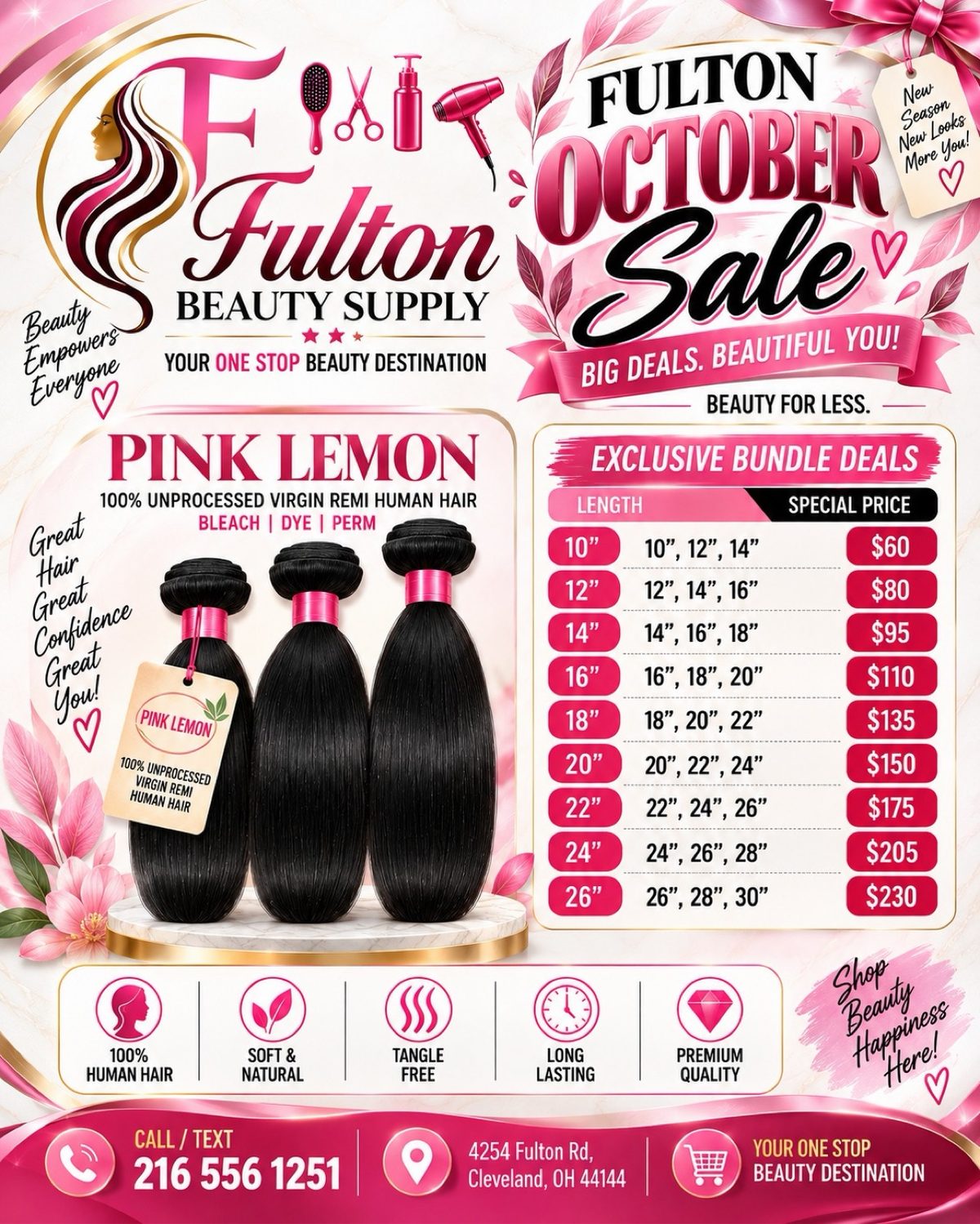Pink Lemon 100 percent unprocessed virgin Remi human hair October sale at Fulton Beauty Supply Cleveland
